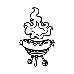 big hot dog sausage on BBQ grill with fire cartoon isolated drawing line style sketch classic vintage design illustration