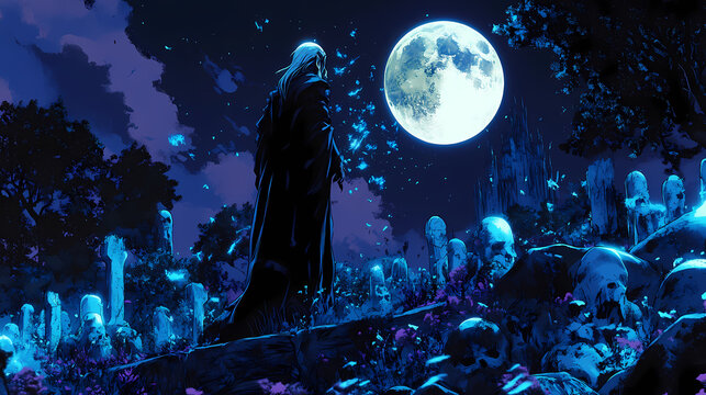 Drow necromancer conjures a swarm of spectral spirits in a hauntingly lit necropolis at night. Moonspire. Illustration