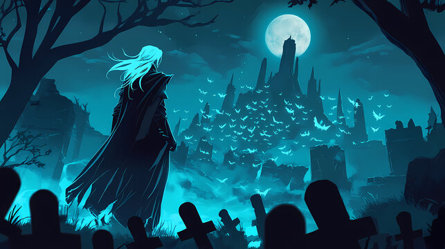 Drow necromancer conjures a swarm of spectral spirits in a hauntingly lit necropolis at night. Moonspire. Illustration