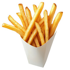 serving of golden. crispy french fries presented in a white paper container the fries are neatly arranged. showcasing their appealing texture and color. making them a tempting snack or side dish