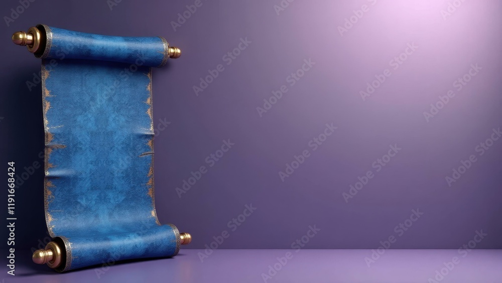 Poster rich blue ancient scroll on right. soft blue background. copy space for text, 3d render ai generated