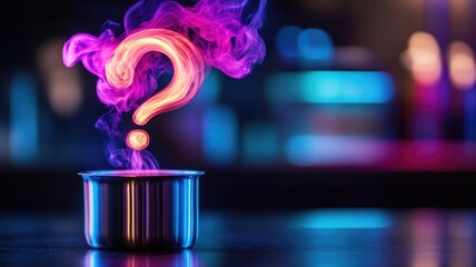 Metal pot with smokey question mark above it, against vibrant background