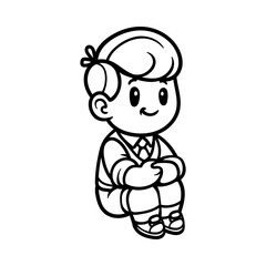 fun cute boy sitting in school uniform cartoon character isolated drawing line style sketch classic vintage design illustration