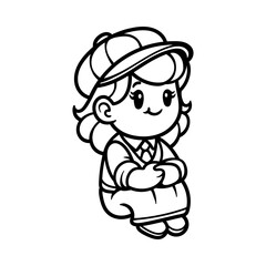 fun cute girl sitting in school uniform and hat cartoon character isolated drawing line style sketch classic vintage design illustration