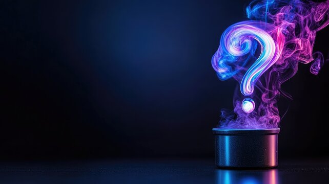 Question mark made of colorful smoke emerging from small black pot on dark background
