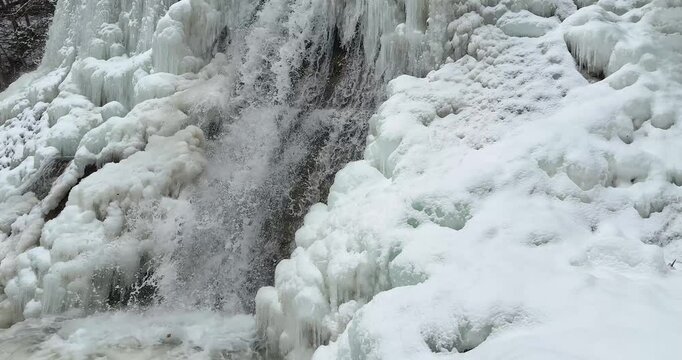 Slow motion close up of a icy waterfall, river, flowing with snow and ice along each side 23.976 FPS Frames / Second	, Iphone 16 Pro