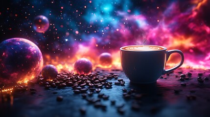 Cosmic Latte Coffee cup, beans, nebula background