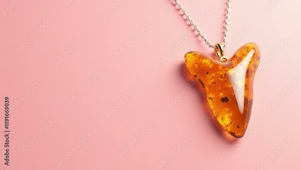 Poster amber saber tooth pendant on left. soft green background. copy space for text, 3d render ai generate
