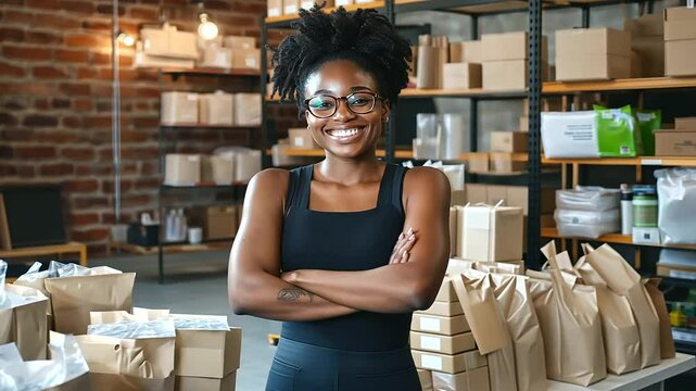 A radiant African American entrepreneur showcasing her eco-packaging methods, with compostable materials spread across her modern, eco-conscious office.