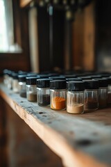 Spices in small jars, wooden shelf.