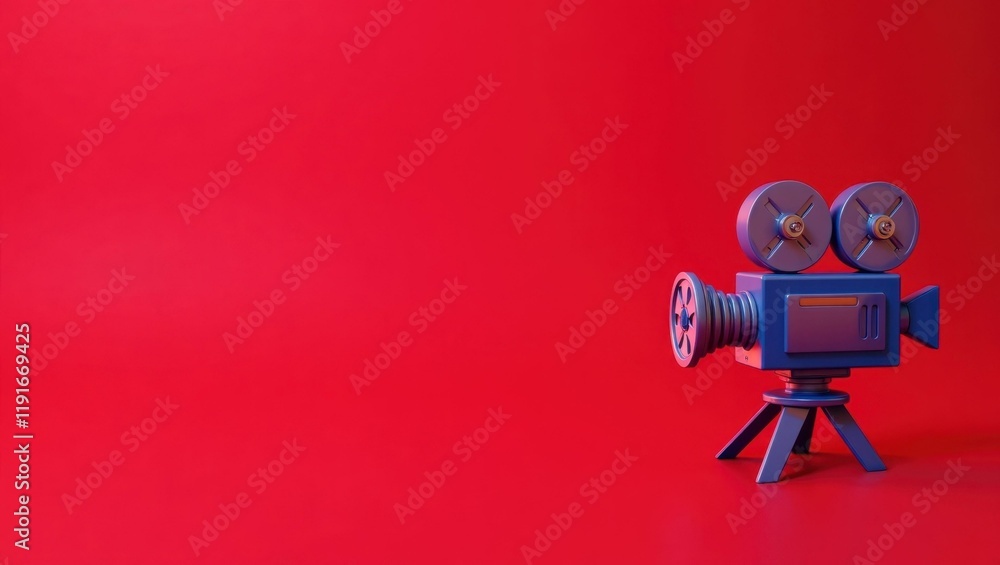 Poster violet cinema camera on right. soft yellow background. copy space for text, 3d render ai generated d