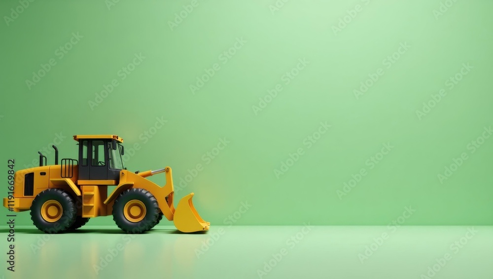 Poster yellow bulldozer on left. soft coral background. copy space for text, 3d render ai generated designe