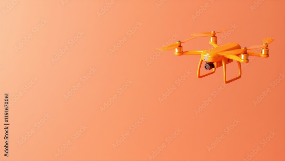 Poster orange drone hovering on right. soft orange background. copy space for text, 3d render ai generated 