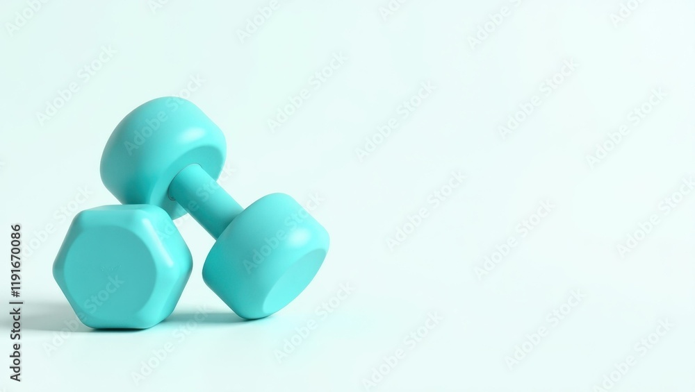 Poster turquoise dumbbell on left. soft coral background. copy space for text, 3d render ai generated desig