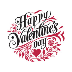 Happy Valentines Day lettering calligraphy with hearts shape, floral ornaments and rose. Valentine's Day holiday lettering. Drawn text for card, banner, poster design