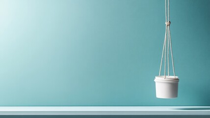 White hanging cup on turquoise wall with white shelf