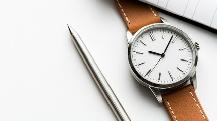 Minimalist watch with leather strap next to pen and notebook