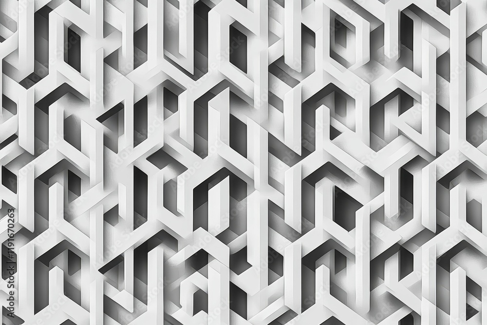 Poster abstract grayscale geometric pattern, interlocking shapes.