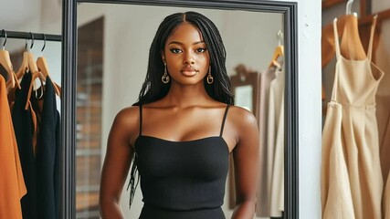A vibrant Black woman adjusting a statement necklace on a mannequin in her boutique, the warm lighting enhancing the polished