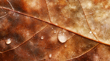 Fototapeta premium close up of leaf with visible water droplets, showcasing intricate textures and earthy tones. Nature beauty captured in detail