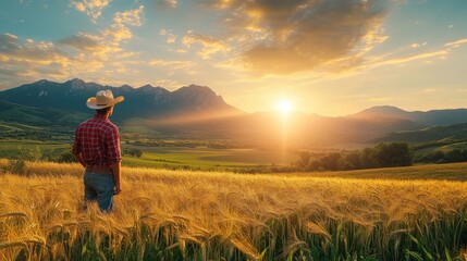 Fototapeta premium wheat plantation field at agriculture farm in the morning sunrise