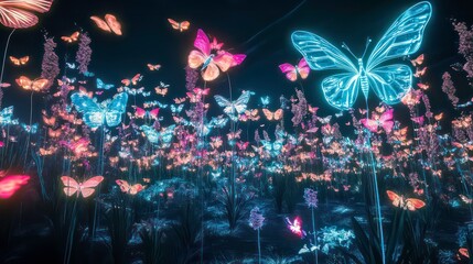 Glowing butterflies and flowers in a dark fantasy field.