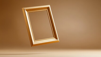 Floating empty gold picture frame against brown background