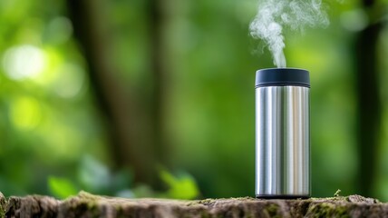 Stainless steel thermos on tree stump with steam in forest background