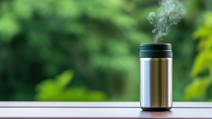 Steaming insulated stainless steel mug on wooden surface with green blurred background