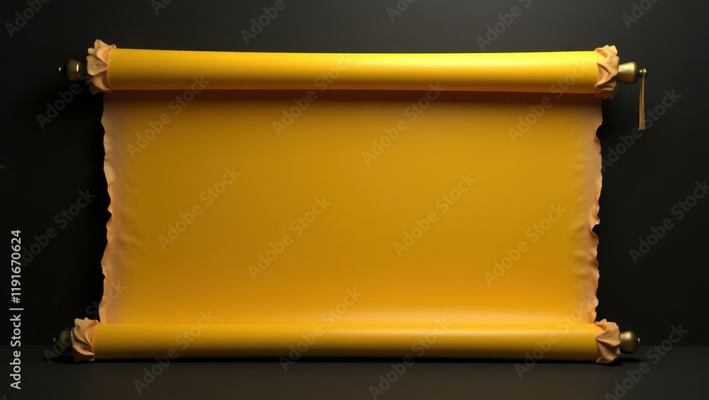 Poster rich mustard yellow classical philosophy scroll on right. soft black background. copy space for text