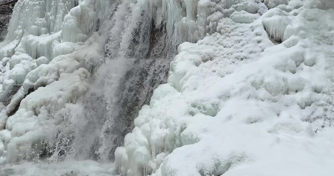 Slow motion close up of a icy waterfall, river, flowing with snow and ice along each side 29.97 FPS Frames / Second, 	Iphone 16 Pro