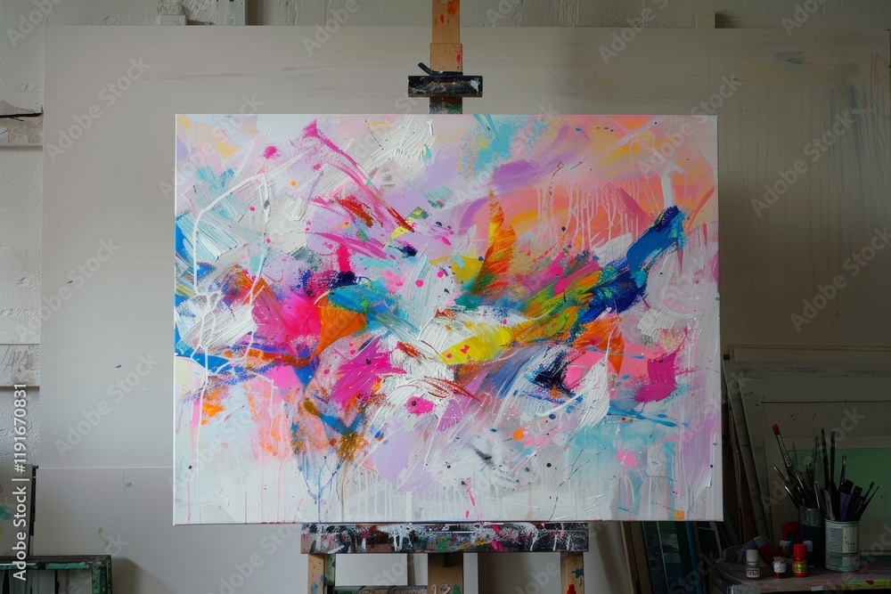Poster bright and colorful abstract painting on a canvas surrounded by art supplies in a cozy studio settin