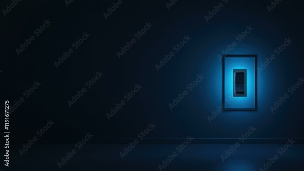 Poster azure blue light switch on left. soft red background. copy space for text, 3d render ai generated de