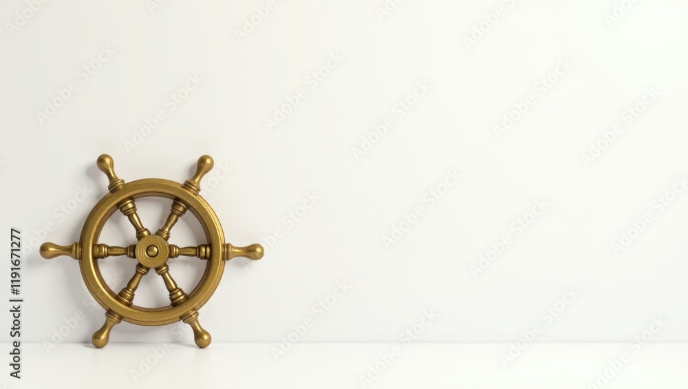Poster brass ship wheel on right. soft red background. copy space for text, 3d render ai generated designer