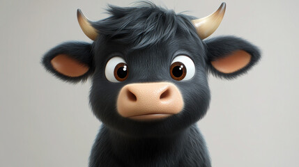 A cute, animated black bull with large brown eyes, small horns, and a curious expression, making it an appealing character for animation or children's media.