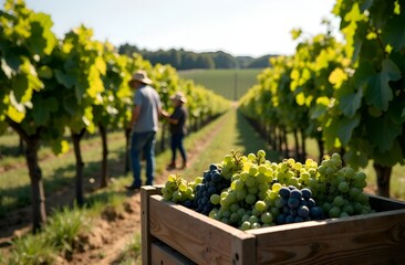 grapes in a box on the background of a grape field. People are harvesting