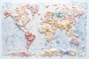 Crafted world map made entirely from money representing countries and continents through woven banknotes creating a unique form of art