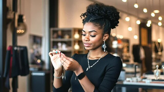 A stylish Black woman organizing jewelry and accessories on a sleek display table, her store showcasing both minimalism and creativity.