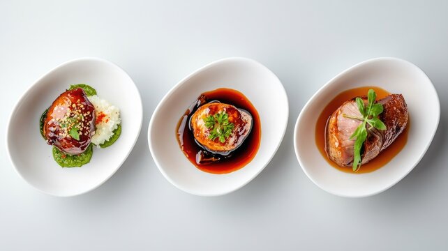 Three gourmet dishes on white plates, featuring artfully presented meats and sauces