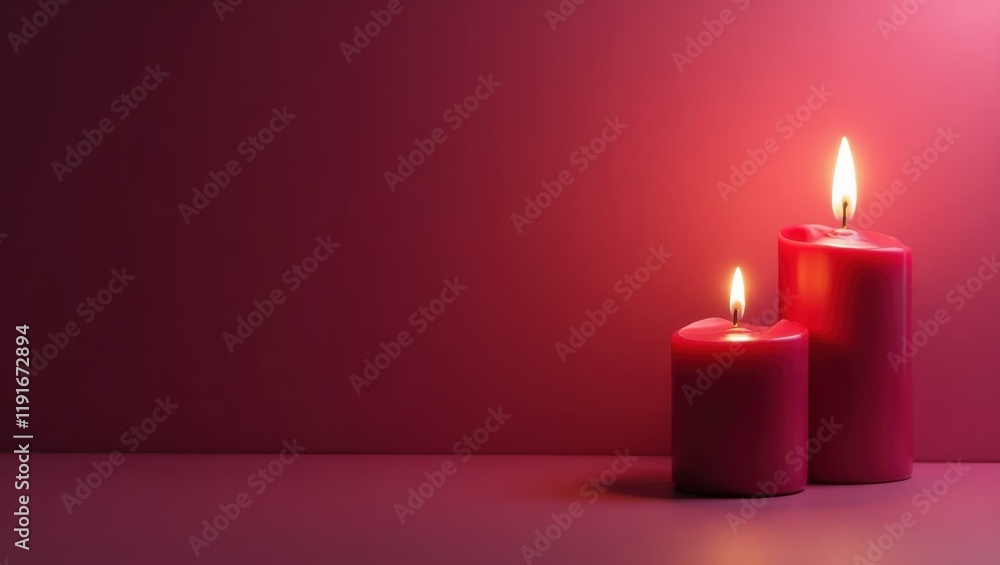 Poster rich ruby red altar candle on left. soft black background. copy space for text, 3d render ai generat