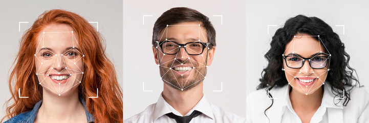 A diverse group of smiling individuals is featured, highlighting the use of facial recognition technology. Each person's face is framed, emphasizing facial characteristics and expressions.