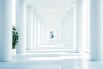 White hallway, columns, plants, sunlight, minimalist.