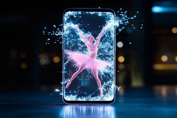 Smartphone showing a holographic ballerina dancing inside the screen with a futuristic connections effect, perfect for technology and art concepts.