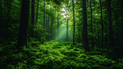 Obraz premium Sunbeams illuminate forest path, ferns, mist, nature wallpaper