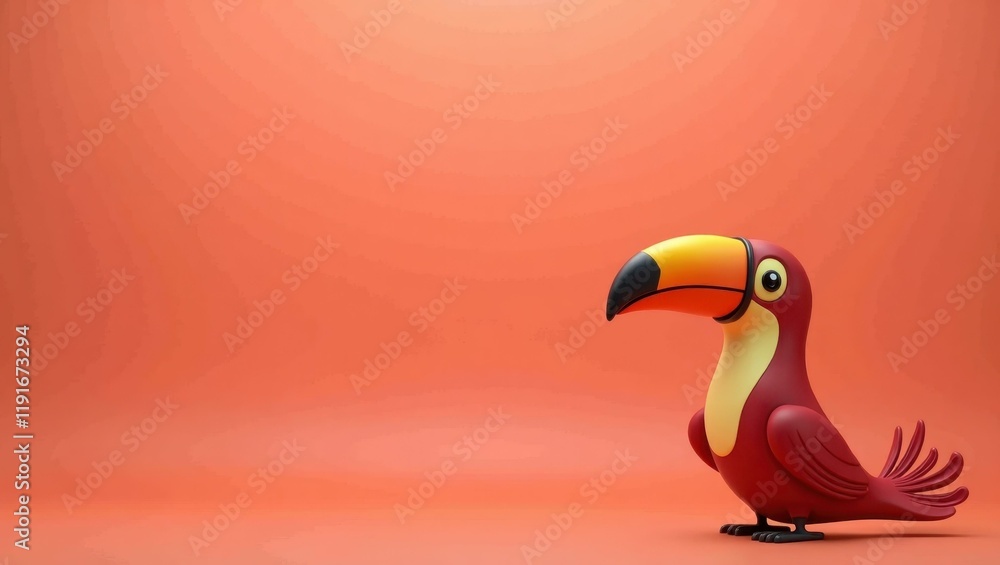 Poster crimson red toucan on left. soft white background. copy space for text, 3d render ai generated desig