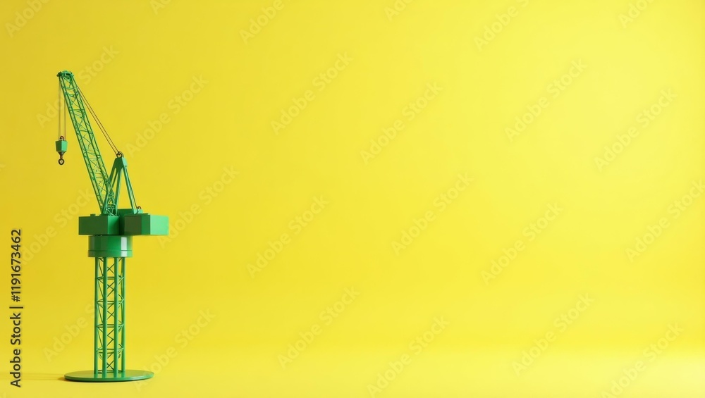 Poster hunter green crane on left. soft yellow background. copy space for text, 3d render ai generated desi