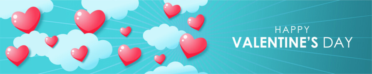 Horizontal banner with light blue sky , clouds and hearts. Place for text. Happy Valentine's day sale header or voucher template with hearts.