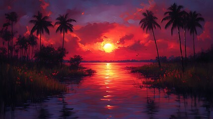 Tropical sunset reflecting on calm lake, palm trees silhouetted against fiery sky; ideal for travel brochure