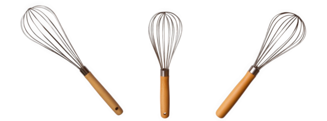 three stainless steel whisks with wooden handles. commonly used in cooking and baking for mixing. beating. and whipping ingredients their design allows for efficient incorporation of air into mixtures