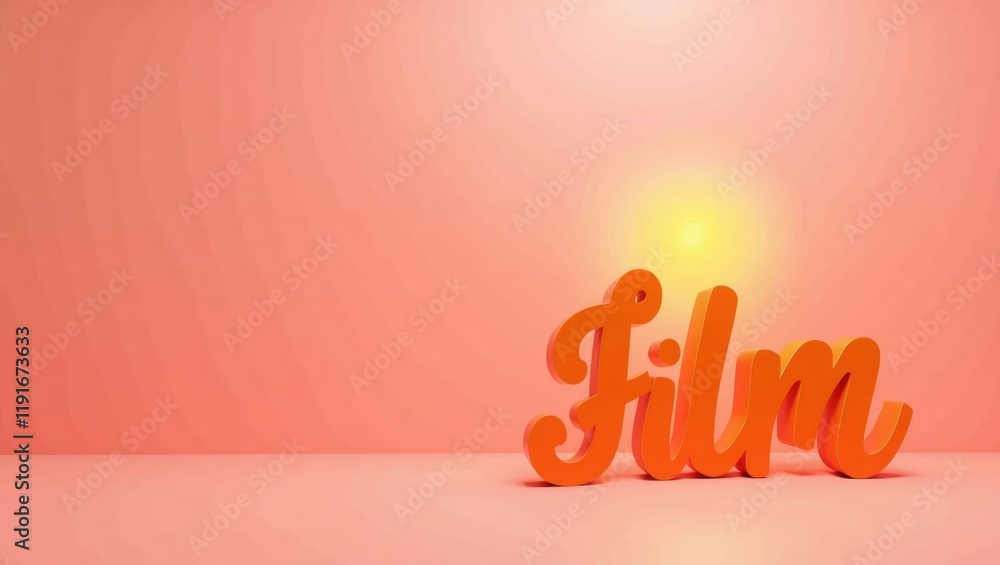 Poster sunset orange film script on left. soft coral background. copy space for text, 3d render ai generate